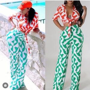 Stylish Green and Orange Patterned 2 piece Bel Bottoms Set